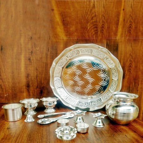 Silver Plated Pooja Thali Set of 11 for Home and Office Use